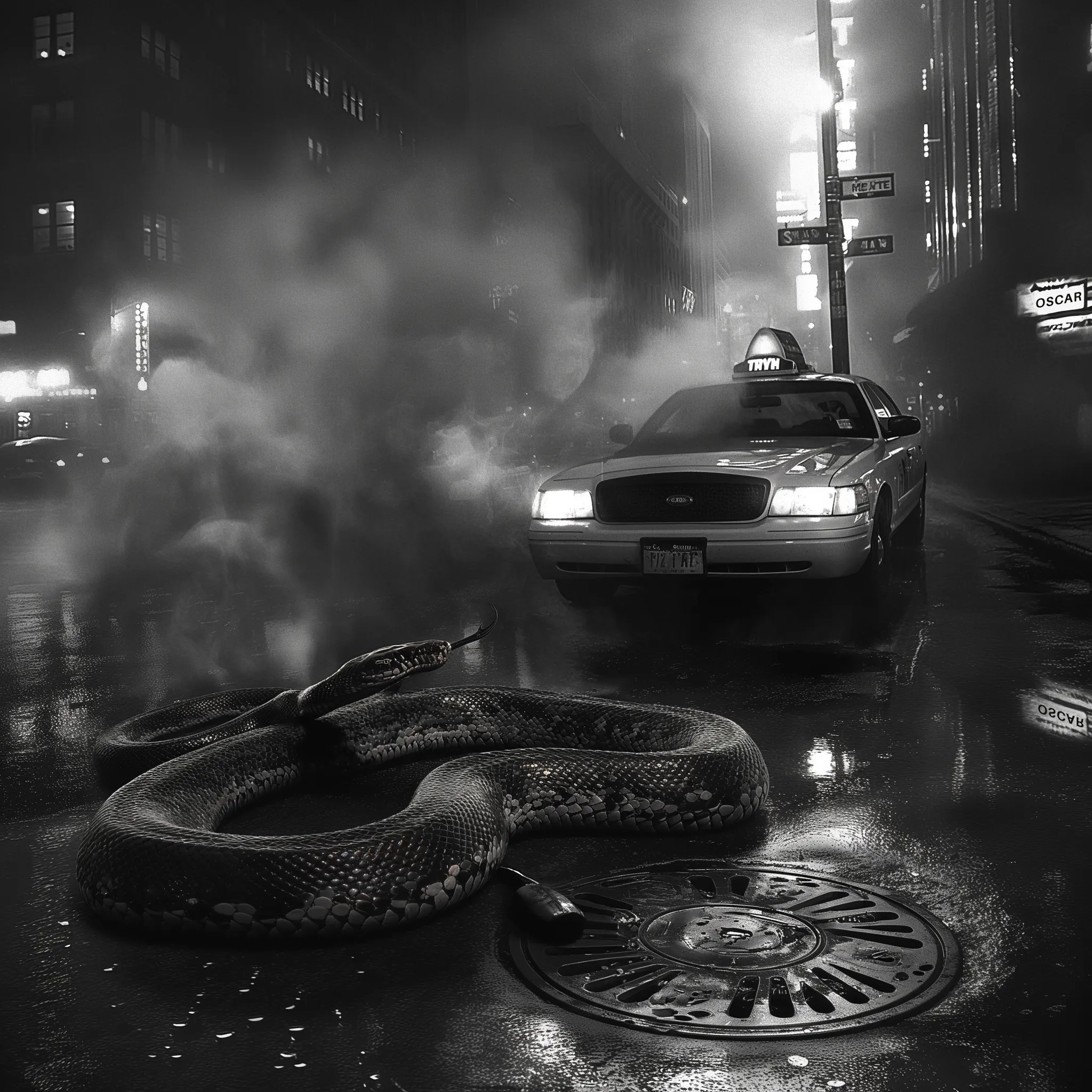 Taxi cab in the smoke of a night city scene and a giant Anaconda snake sitting on the road